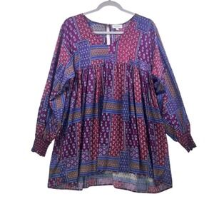 Velzera Boho Patchwork Print Peasant Tunic Dress Purple Blue Size S